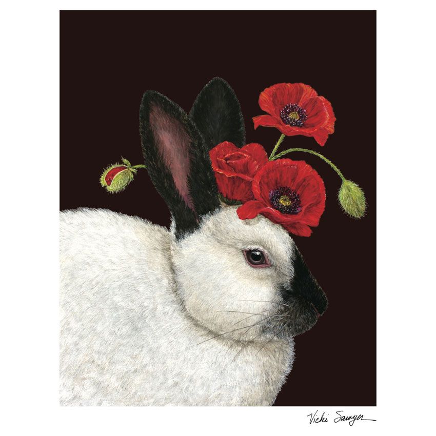 Art Print „Naomi“ von Vicki Sawyer – Kaninchen mit roten Mohnblüten, hochwertiger Kunstdruck auf Baumwollpapier