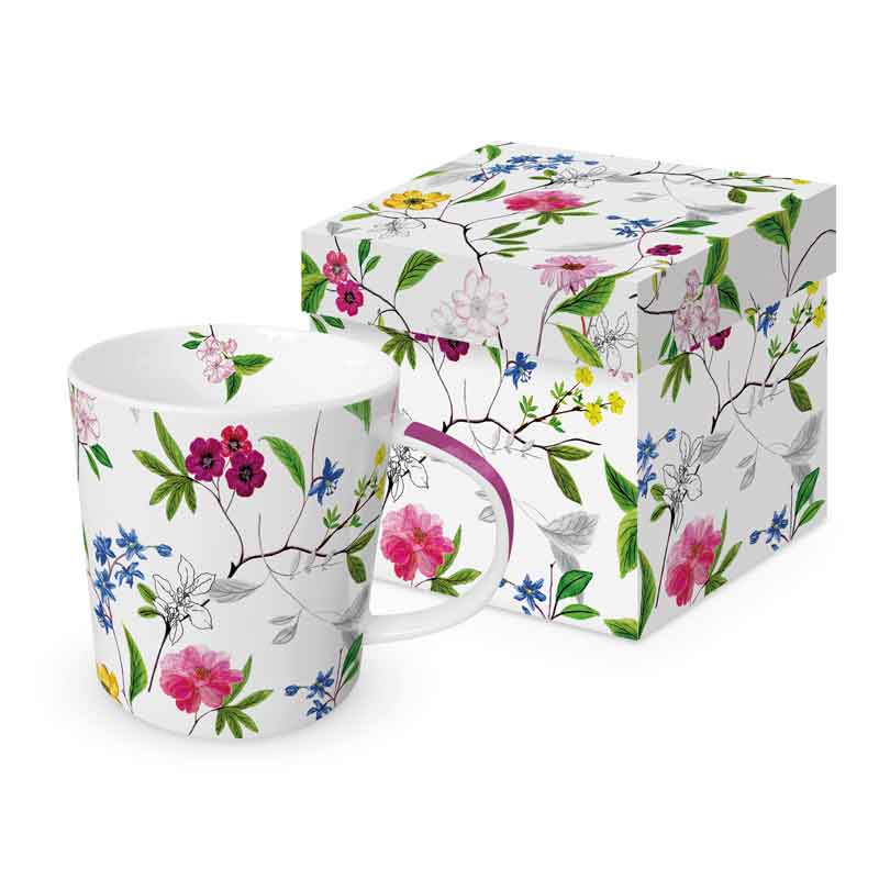 PPD Porzellantasse „Flower Power“ mit zartem Blumenmotiv in frischen Frühlingsfarben – elegantes Design mit passender Geschenkbox für Teeliebhaber und Blumenfreunde.