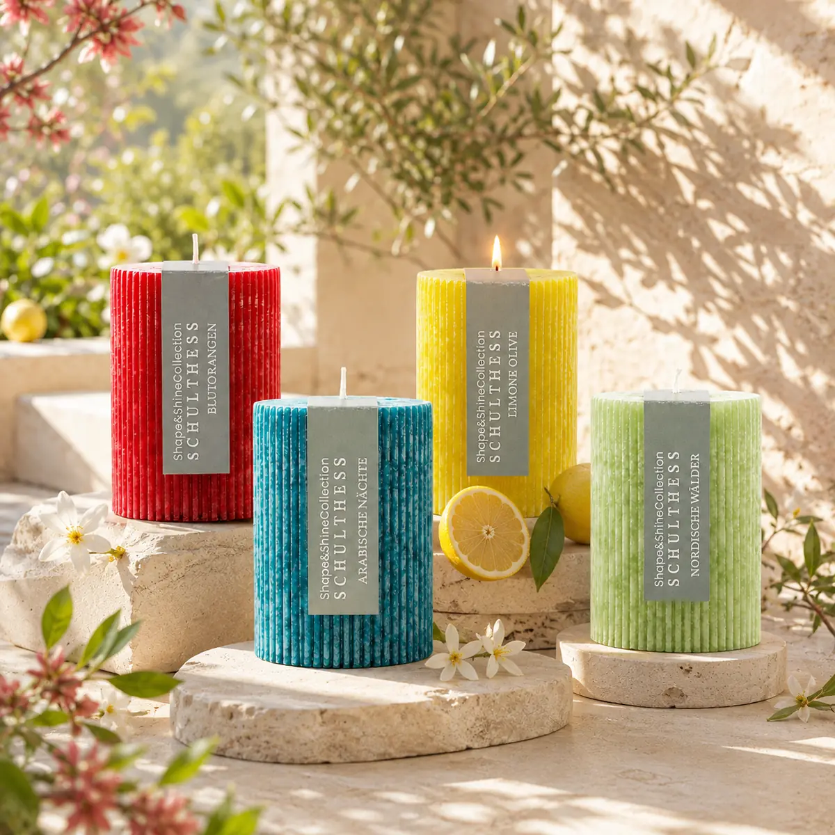 Farbenfrohe Schulthess Shape & Shine Duftkerzen in einer sonnigen Frühlings- und Sommerstimmung