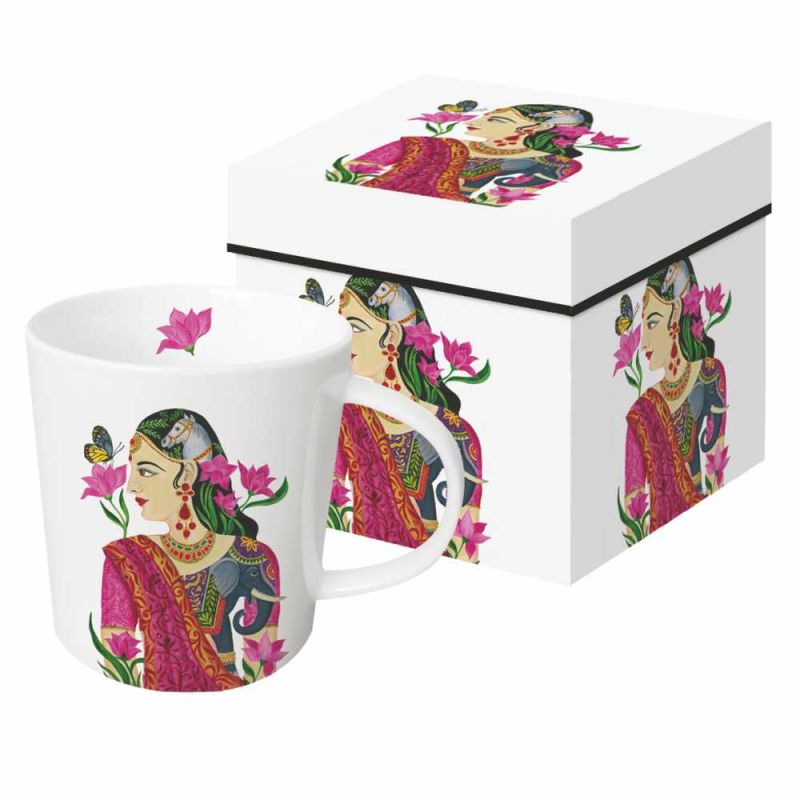 PPD Tasse „Kumudha“ mit kunstvoller Frauenillustration in indischem Stil, farbenprächtig mit floralen Akzenten gestaltet und mit passender Geschenkbox – elegante Porzellantasse von PPD.