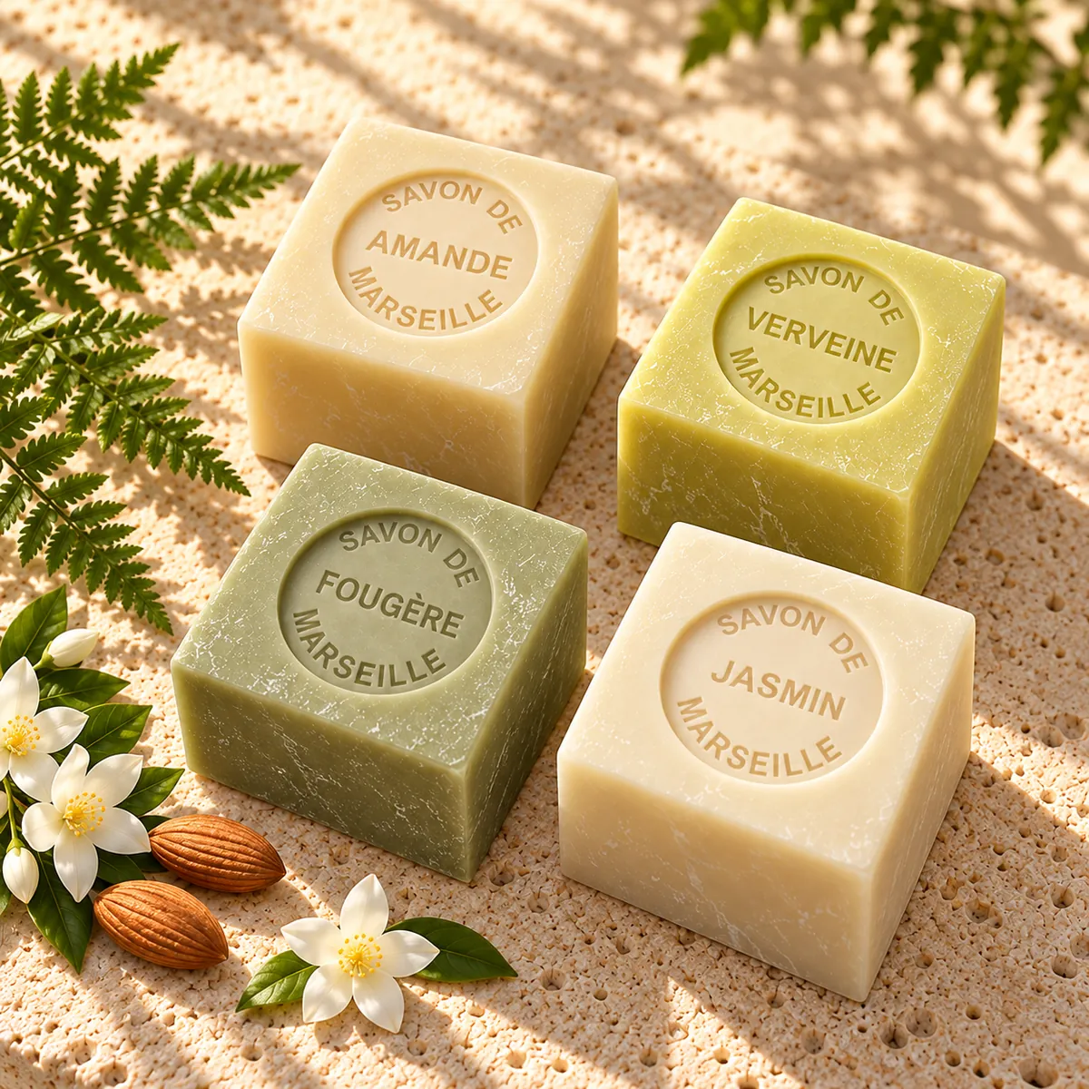 Vier Würfelseifen von Senteurs de France – Amande, Verveine, Fougère und Jasmin – ohne Verpackung auf hellem Travertin.