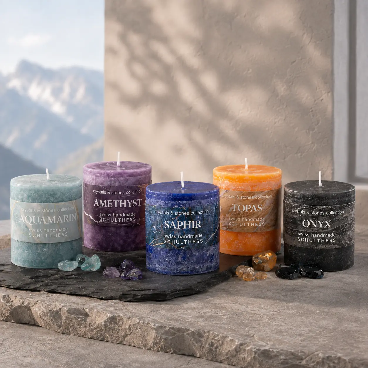 Schulthess Crystals & Stones Duftkerzen Aquamarin, Amethyst, Saphir, Topas und Onyx