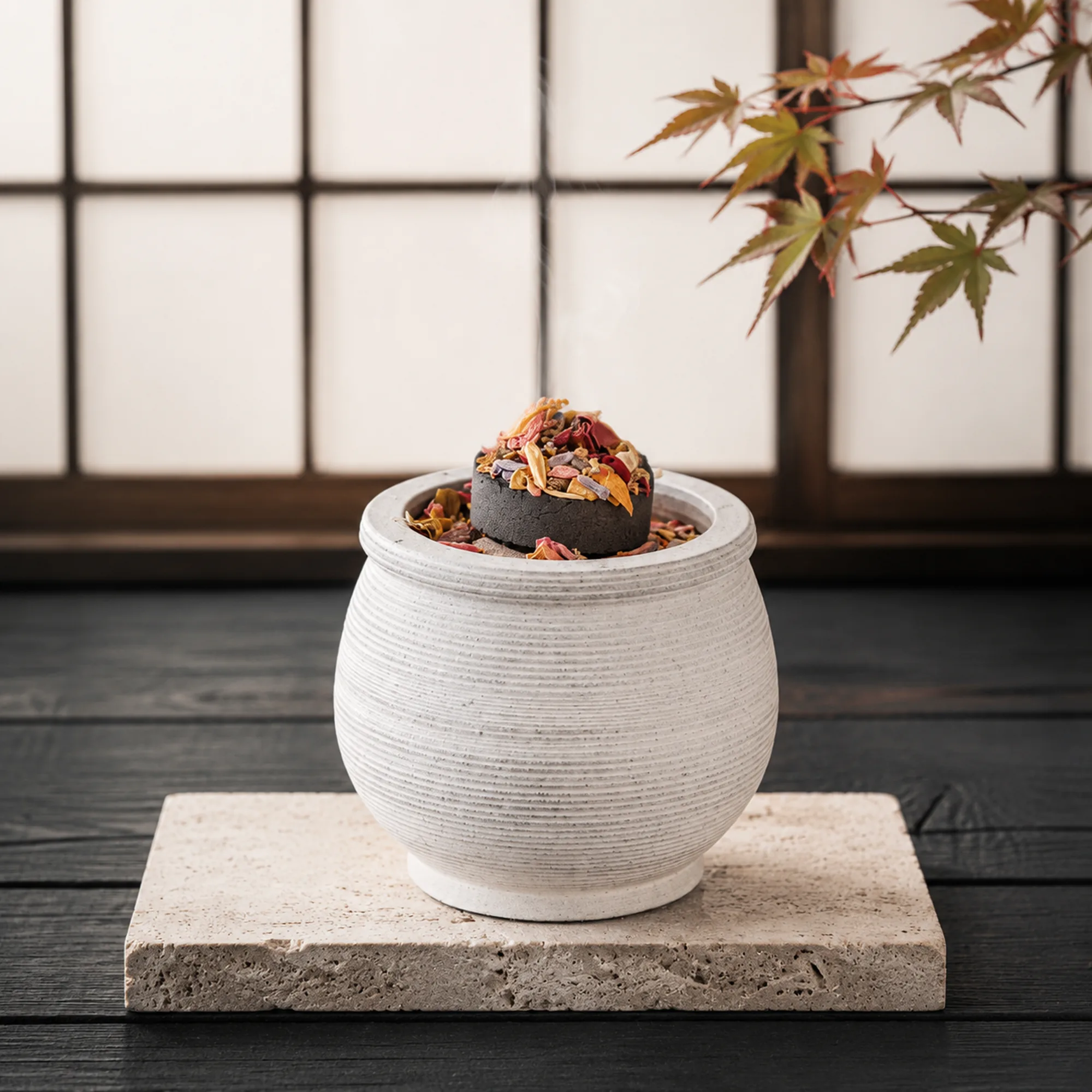 Weiße gerillte Berk Räucherschale mit Räucherkohle und Blüten vor japanisch inspirierten Shoji-Wänden