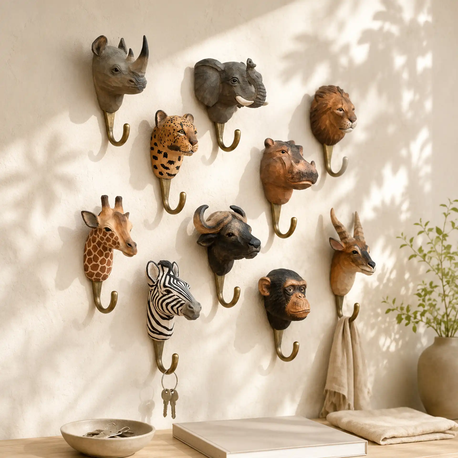 Handgeschnitzte Tierkopf-Wandhaken von Wildlife Garden mit Nashorn, Elefant, Leopard, Löwe, Warzenschwein, Giraffe, Büffel, Antilope, Zebra und Schimpanse auf einer hellen Putzwand, wohnlich inszeniert über einer schmalen Konsole.