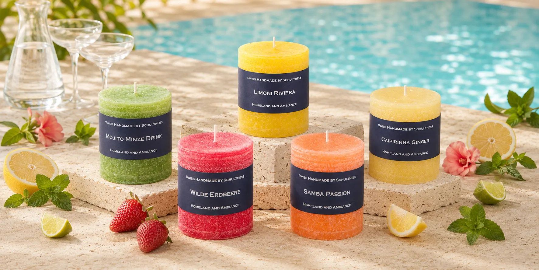 Schulthess Duftkerzen mit Zitrusfrüchten, Erdbeeren und Minze in sommerlicher Poolside-Stimmung