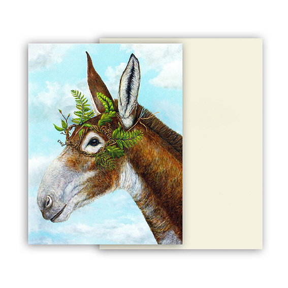 Grußkarte Mule Masquerade von Vicki Sawyer – kunstvolle Karte mit Illustration eines Esels, geschmückt mit einem Kranz aus Farnblättern vor hellem Himmel, inklusive Kuvert