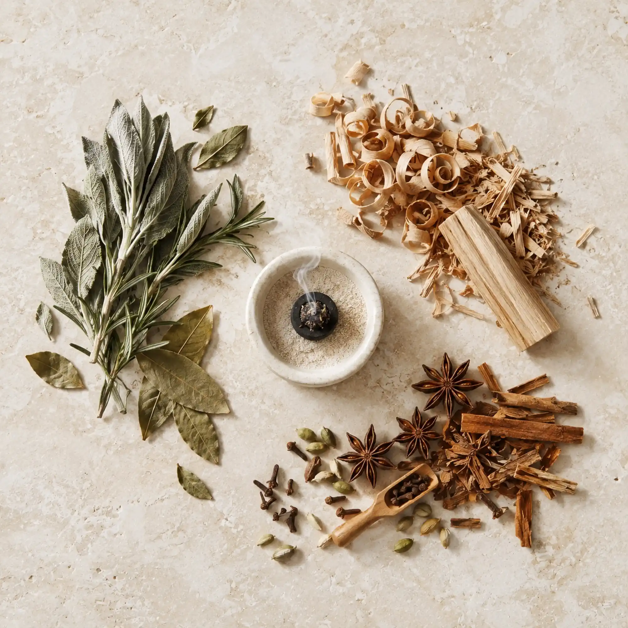 Getrocknete Kräuter, aromatische Hölzer und Gewürze zum Räuchern