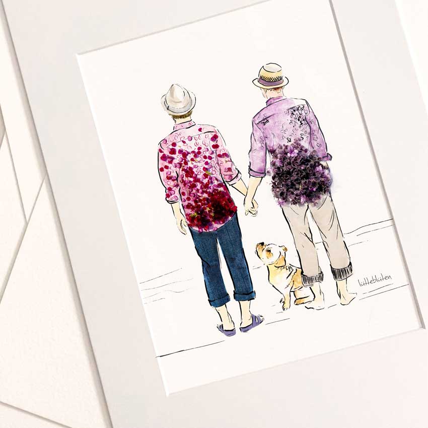 Detailansicht des Art Prints „Love is Love“ von Lütteblüten – florale Illustration eines Paares mit Hund in sanften Farben