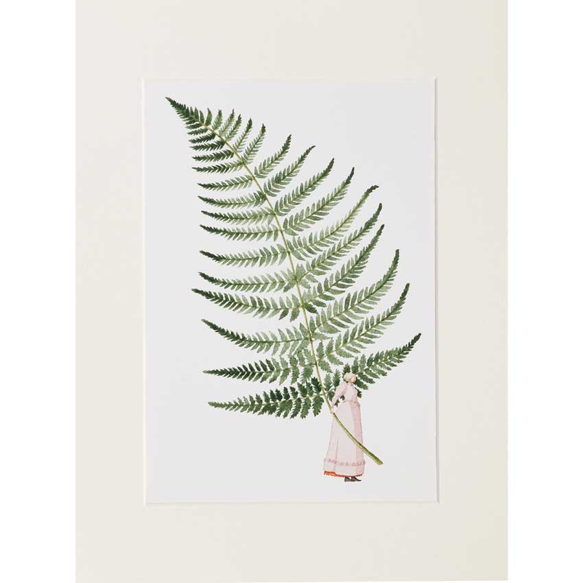 Illustration von Laura Stoddart: Eine zierliche Figur in rosa Kleid hält einen riesigen, fein gefiederten Farnwedel, der sich elegant über das Bild wölbt, auf weißem Hintergrund.