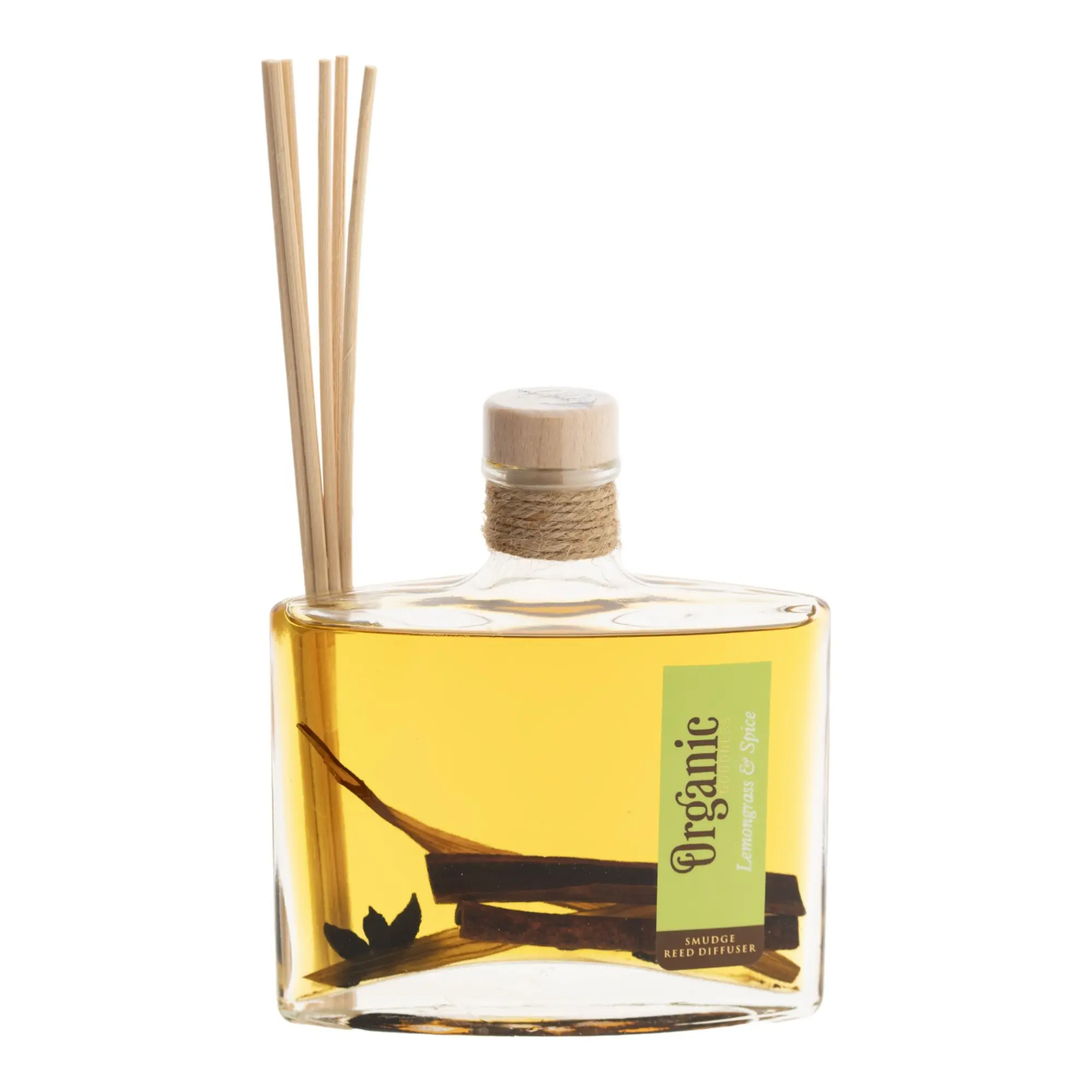 Organic Goodness Reed Diffuser Lemongrass & Spice mit Duftstäbchen und botanischen Bestandteilen.