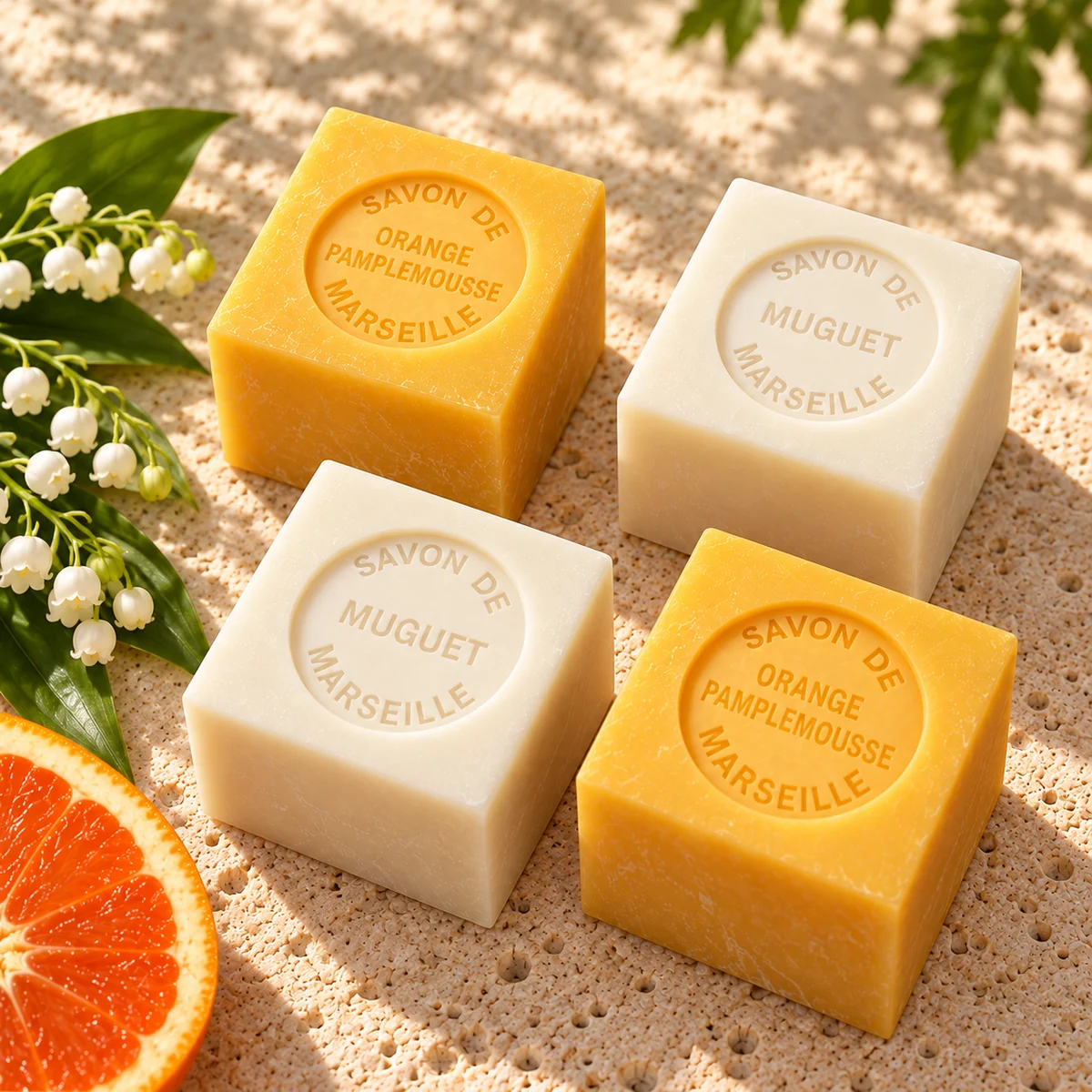 e zwei Würfelseifen Muguet und Orange Pamplemousse von Senteurs de France, frei auf Travertin mit Maiglöckchen und Orange arrangiert.