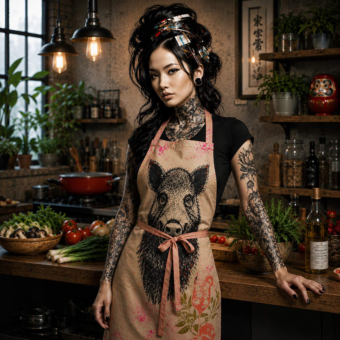Frau mit Tattoos in moderner Loftküche trägt Atelier Unique Küchenschürze „Keiler dunkel“ von Frohstoff – handbedruckte Design-Schürze im Industrial Style.