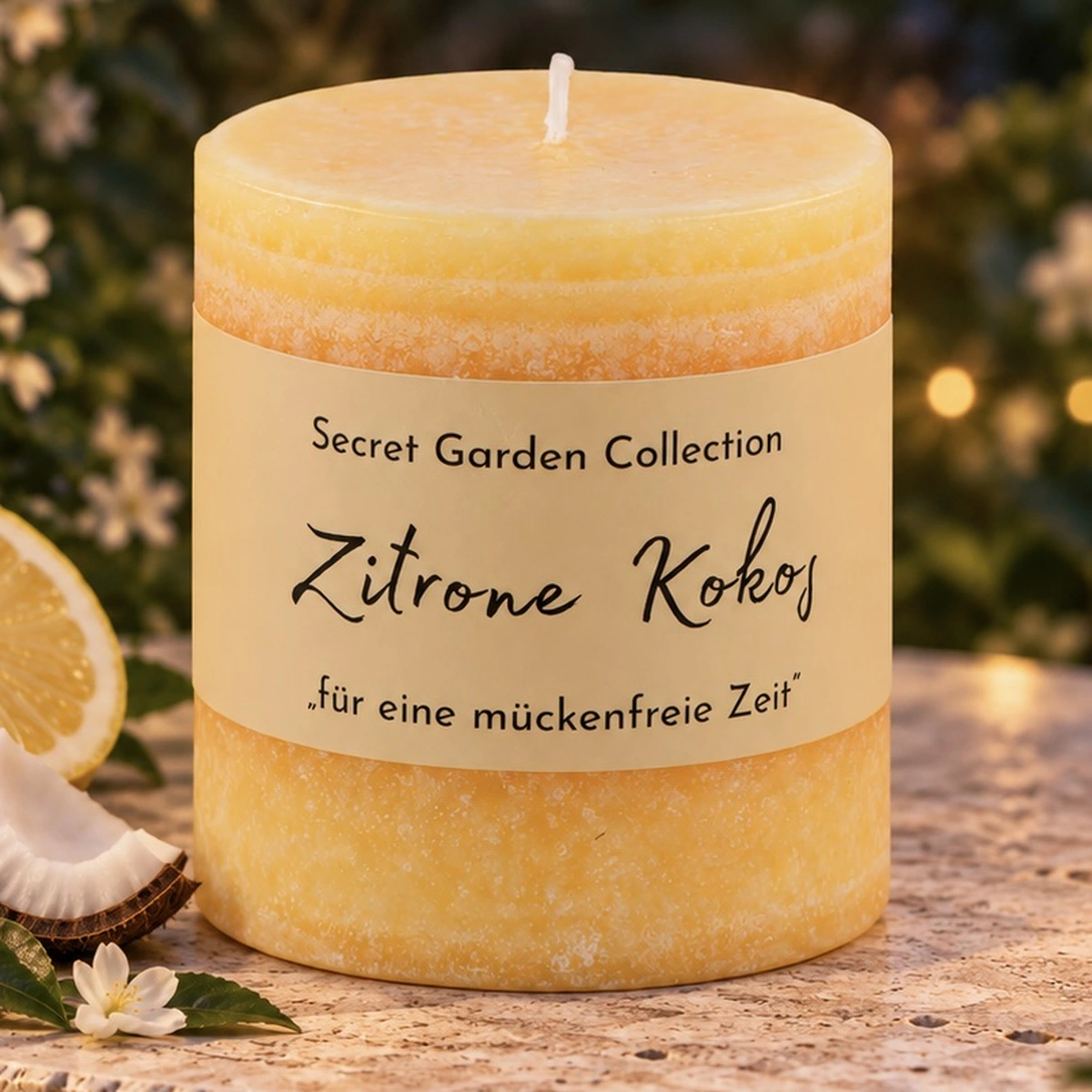 Schulthess Secret Garden Duftkerze Zitrone Kokos in sommerlichem Gartenambiente