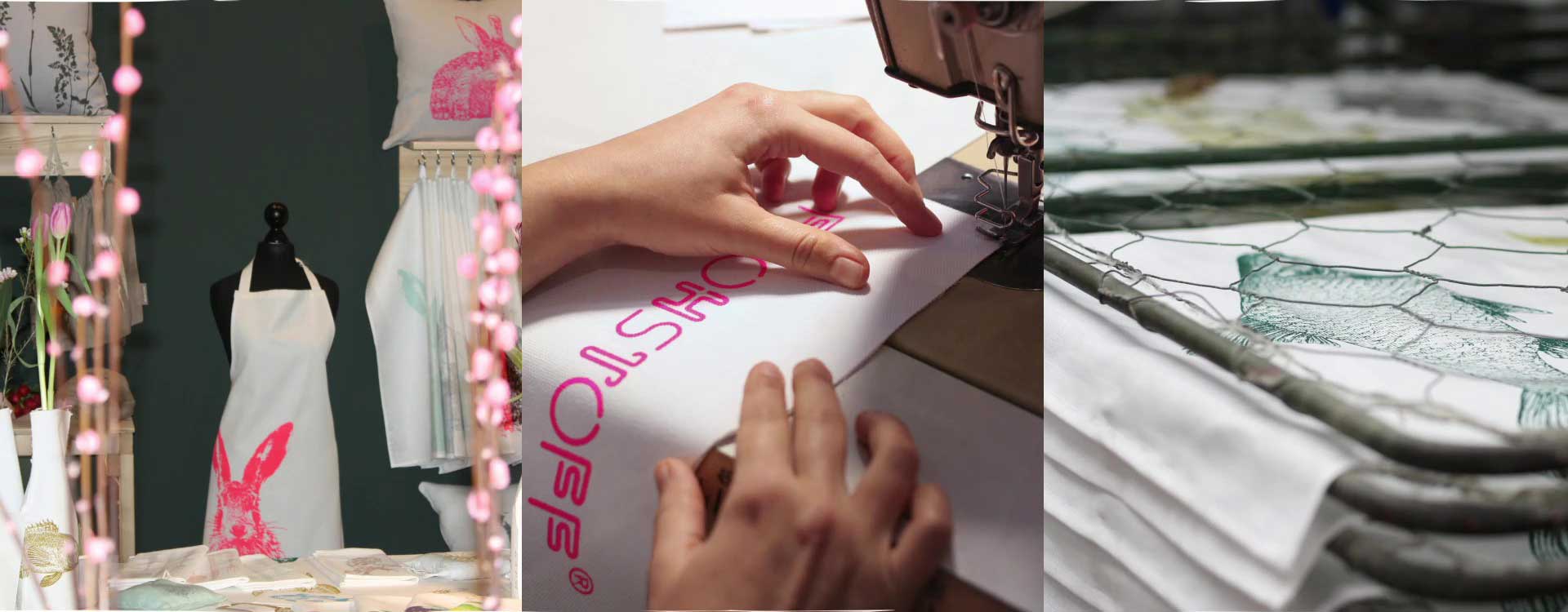 Imagecollage von Frohstoff: handgefertigte Textilien mit Siebdruck, Näharbeiten und detailreichen Motiven – Kombination aus Handwerk, Design und Qualität.