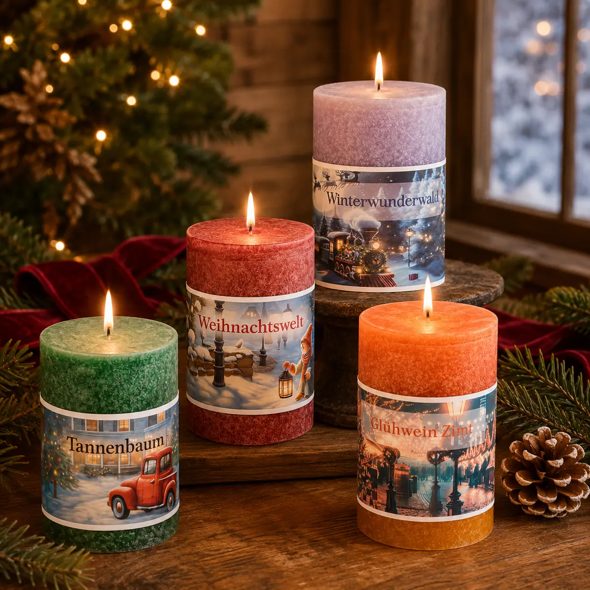 Schulthess Nostalgie Collection mit vier weihnachtlichen Duftkerzen in festlicher Winterstimmung