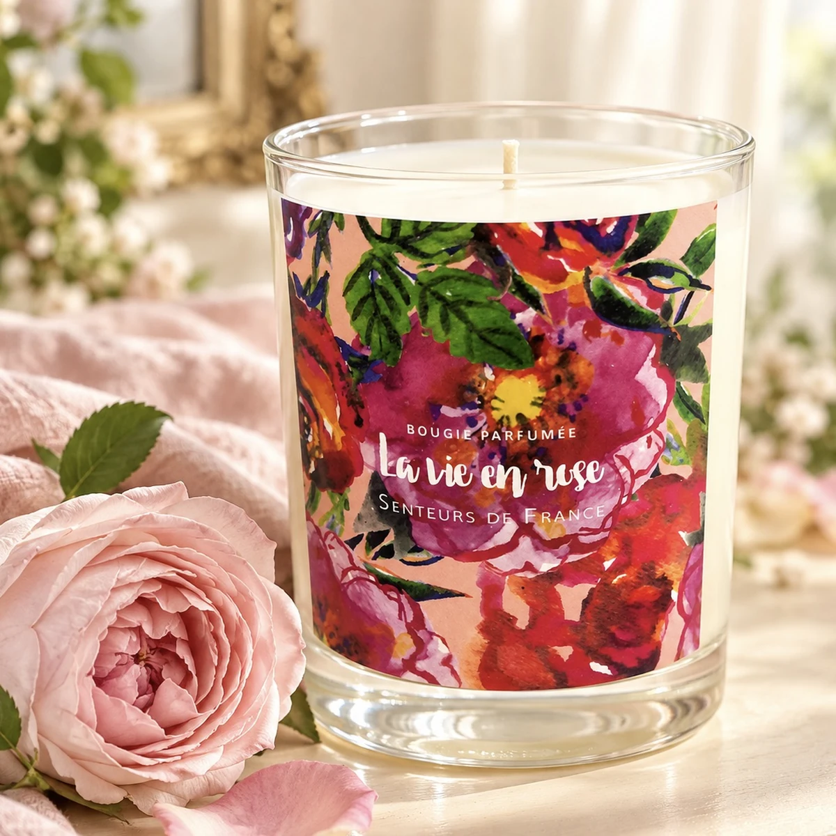 Duftkerze La vie en rose von Senteurs de France im Glas, mit rosa Rose und rosafarbenem Leinen auf hellem Holz.