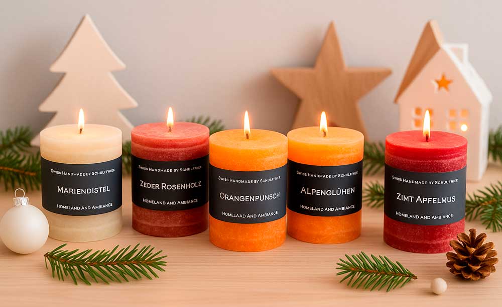 Fünf brennende Schulthess Duftkerzen aus der Homeland and Ambiance Kollektion in winterlicher Dekoration – Düfte Mariendistel, Zeder Rosenholz, Orangenpunsch, Alpenglühen und Zimt Apfelmus, auf Holztisch mit Tannenzweigen und Holzsternen.