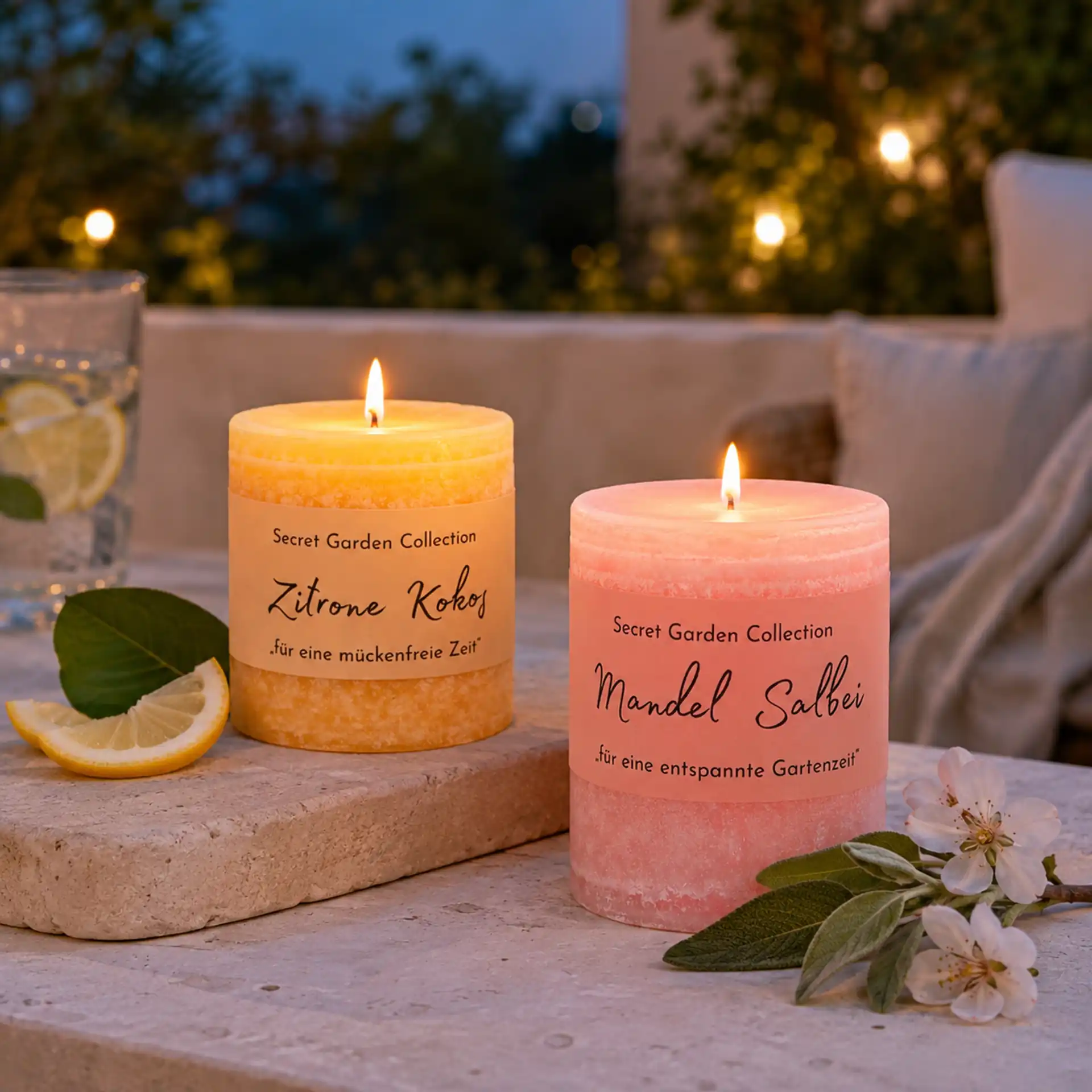 Brennende Schulthess Secret Garden Kerzen Zitrone Kokos und Mandel Salbei in frühabendlicher Gartenstimmung