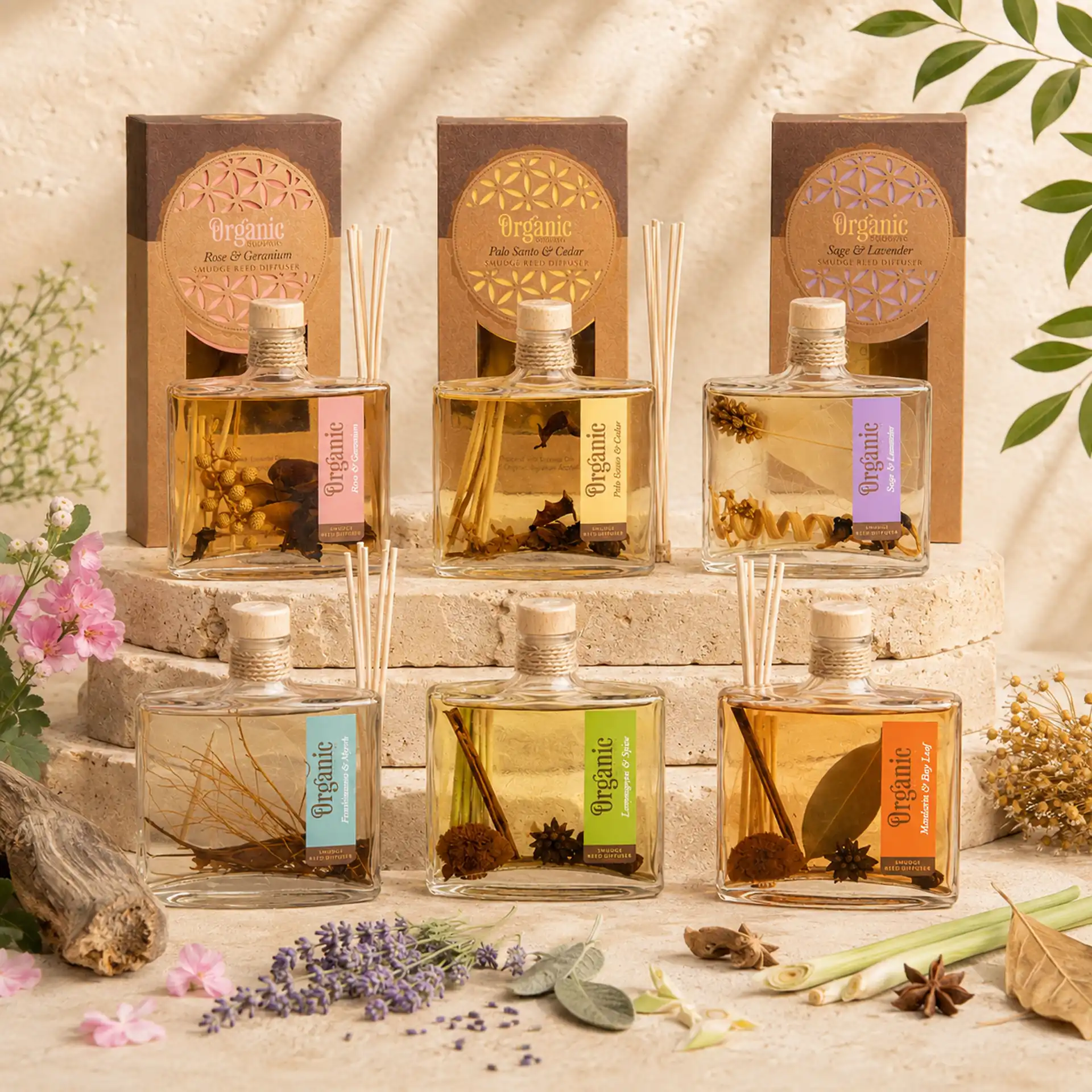 Organic Reed Diffuser von Berk mit Kräutern und Blüten in verschiedenen natürlichen Duftrichtungen