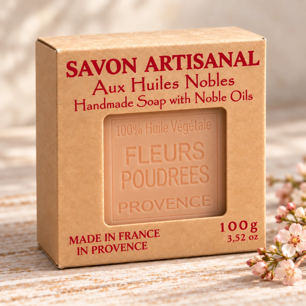 Maître Savonitto Seife Fleurs Poudrées in vollständig sichtbarer Kraftkartonverpackung mit Sichtfenster, neben hellen Blütenzweigen auf hellem Holz.