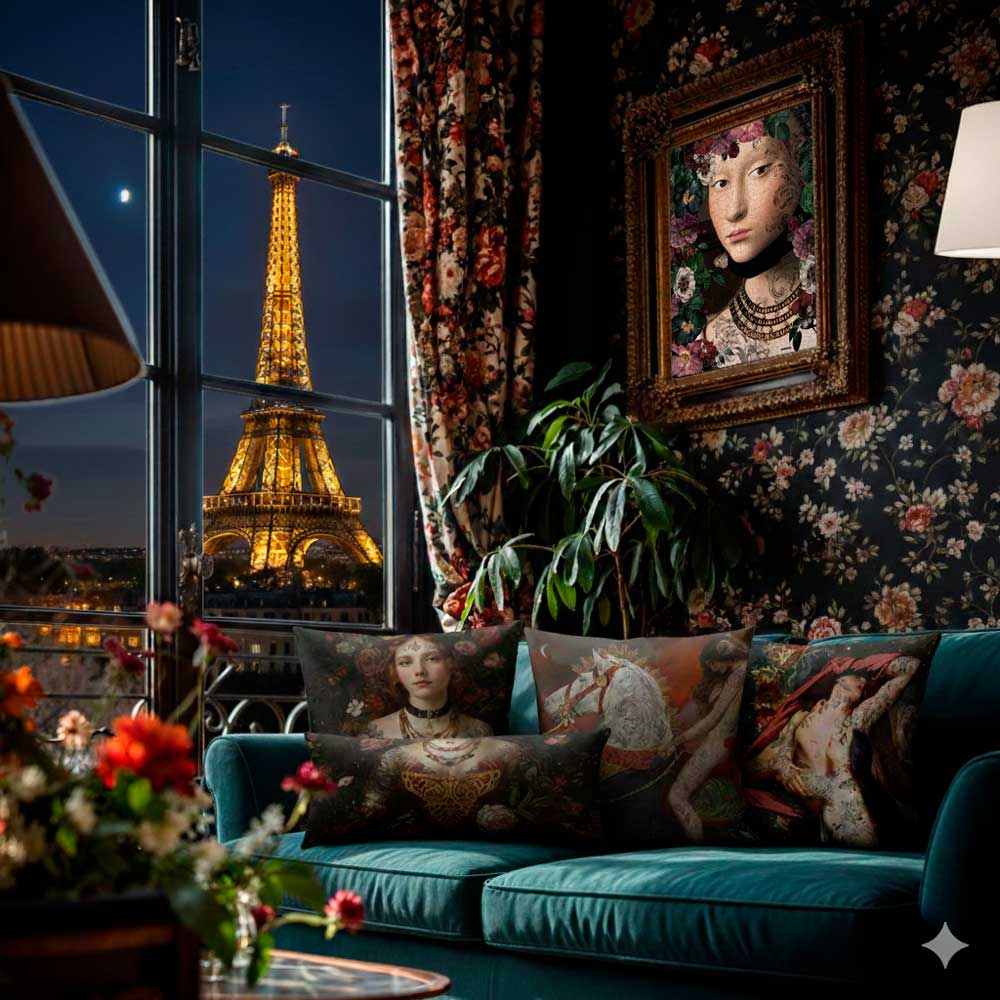 Wohnzimmer mit Blick auf den beleuchteten Eiffelturm, dekoriert mit Voglio Bene Designkissen im Kunst- und Renaissance-Stil – luxuriöse französische Wohnaccessoires auf einem Sofa.