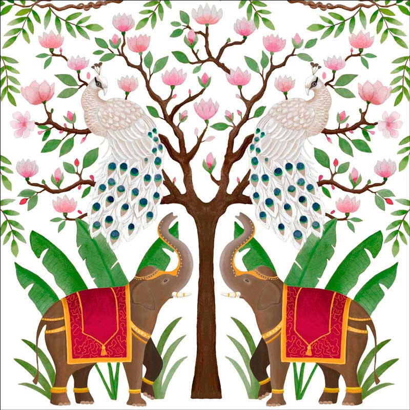 PPD Servietten „Elephant & Peacock“ mit exotischem Motiv aus Pfauen, Elefanten und Lotusblüten – kunstvoll illustriertes Design für elegante und farbenfrohe Tischdekoration.