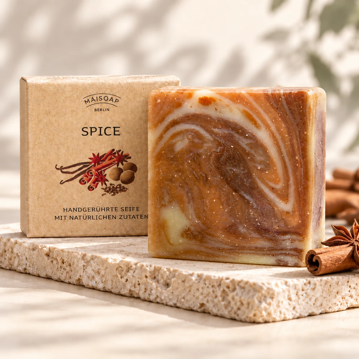 Braun-creme marmorierte Maisoap Spice-Seife mit Verpackung, Zimt und Sternanis auf Steinplatte