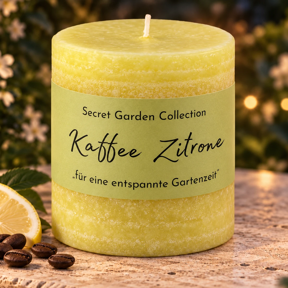 Schulthess Secret Garden Duftkerze Kaffee Zitrone mit Kaffeebohnen und Zitrone