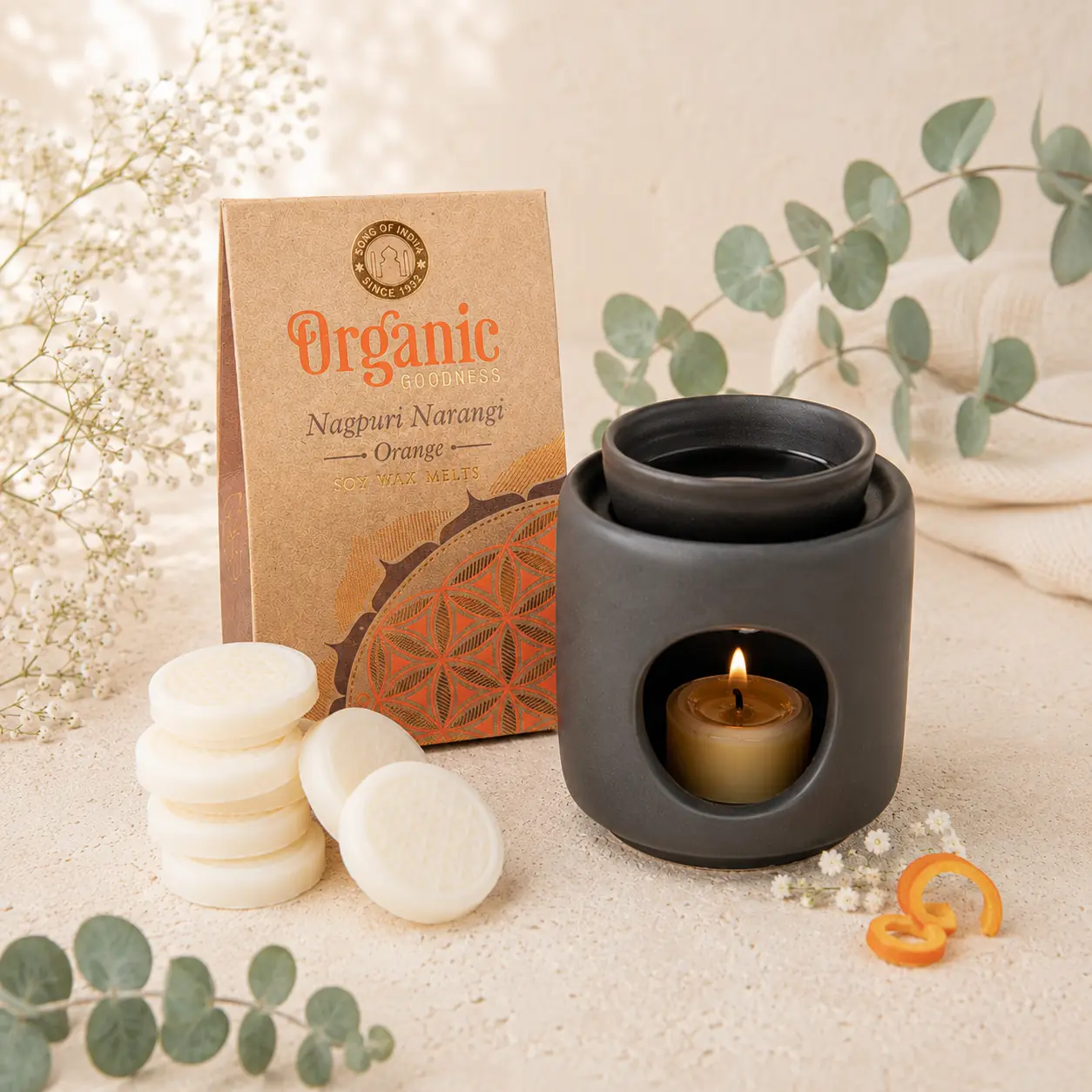 Berk Sojawachstaler Orange mit Blume des Lebens und Aromalampe