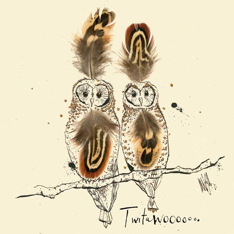 PPD Servietten „Twitawoo“ mit zwei illustrierten Eulen, liebevoll gestaltet mit echten Federn – originelles Naturmotiv für kreative Tischdekoration und Geschenkideen.
