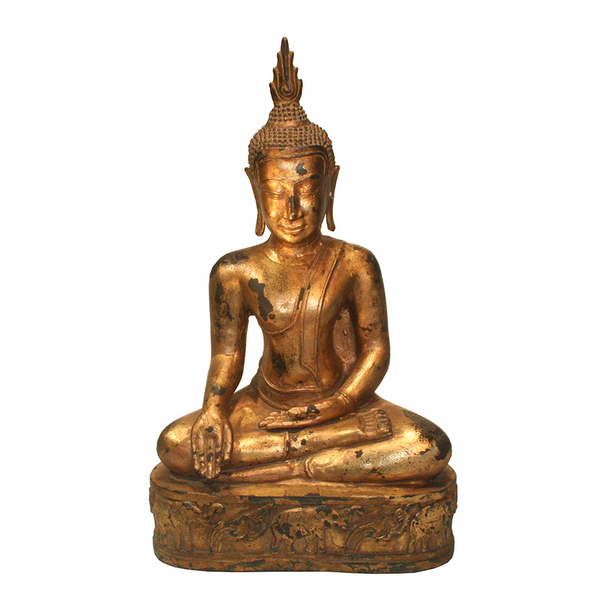 Siddharta Gautama Buddha Figur aus Bronze auf Elefantenthron – vergoldete Darstellung in Meditationshaltung, Symbol für Weisheit und innere Stärke