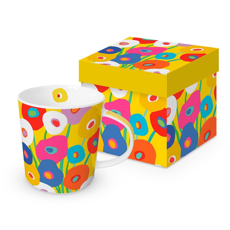 PPD Tasse „Super Bloom“ mit farbenfrohem Blumendesign auf gelbem Hintergrund, modern und lebendig gestaltet, inklusive Geschenkbox – frische Porzellantasse für stilvolle Tischkultur.