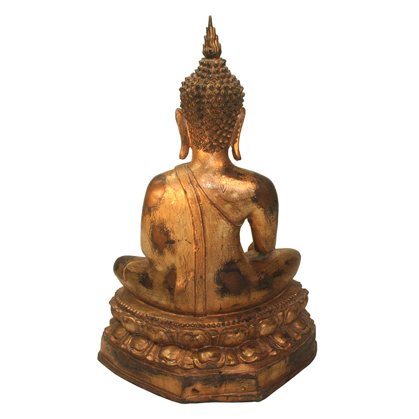 Rückansicht der vergoldeten Siddharta Gautama Buddha Figur aus Bronze – feine Details des Gewandes und des Lotosblumenthrons, traditionelle asiatische Kunst