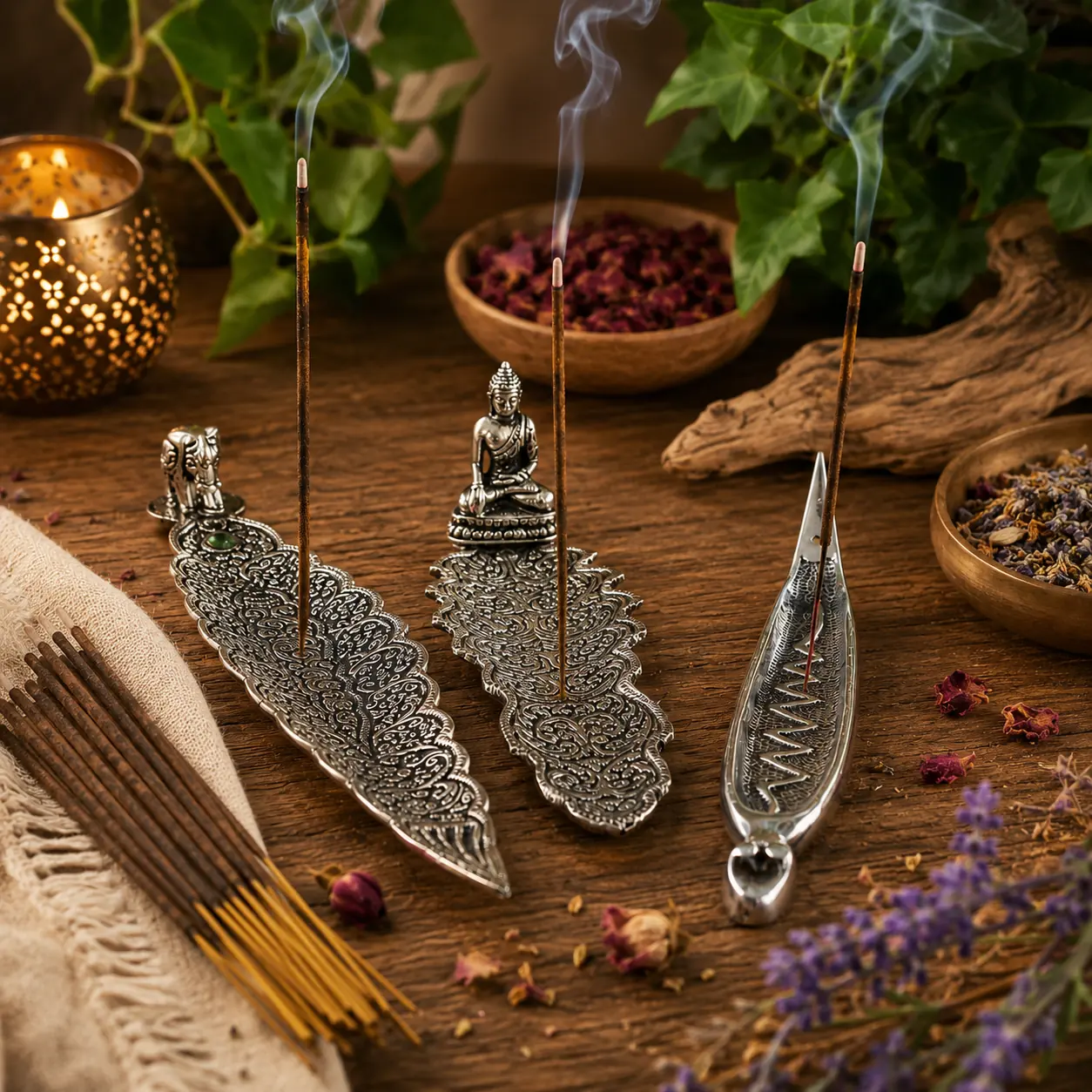 Japanische Räucherstäbchenhalter aus Metall mit brennenden Räucherstäbchen auf einem dekorierten Holztisch.