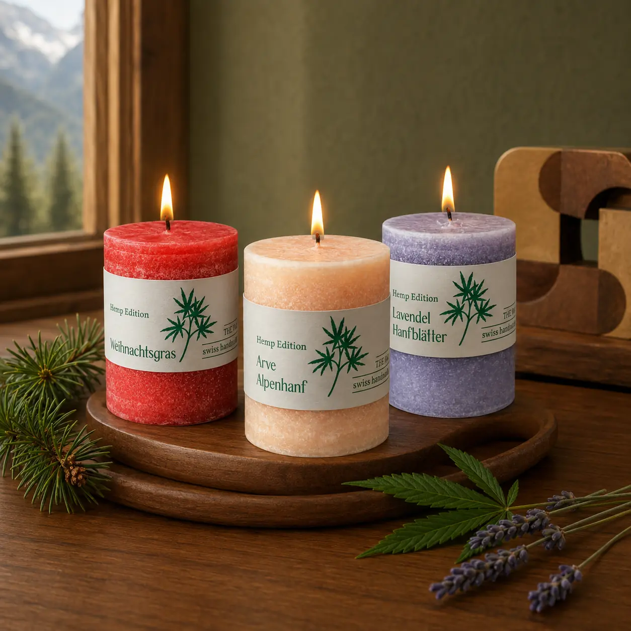 Schulthess Hemp Edition Duftkerzen Weihnachtsgras, Arve Alpenhanf und Lavendel Hanfblätter