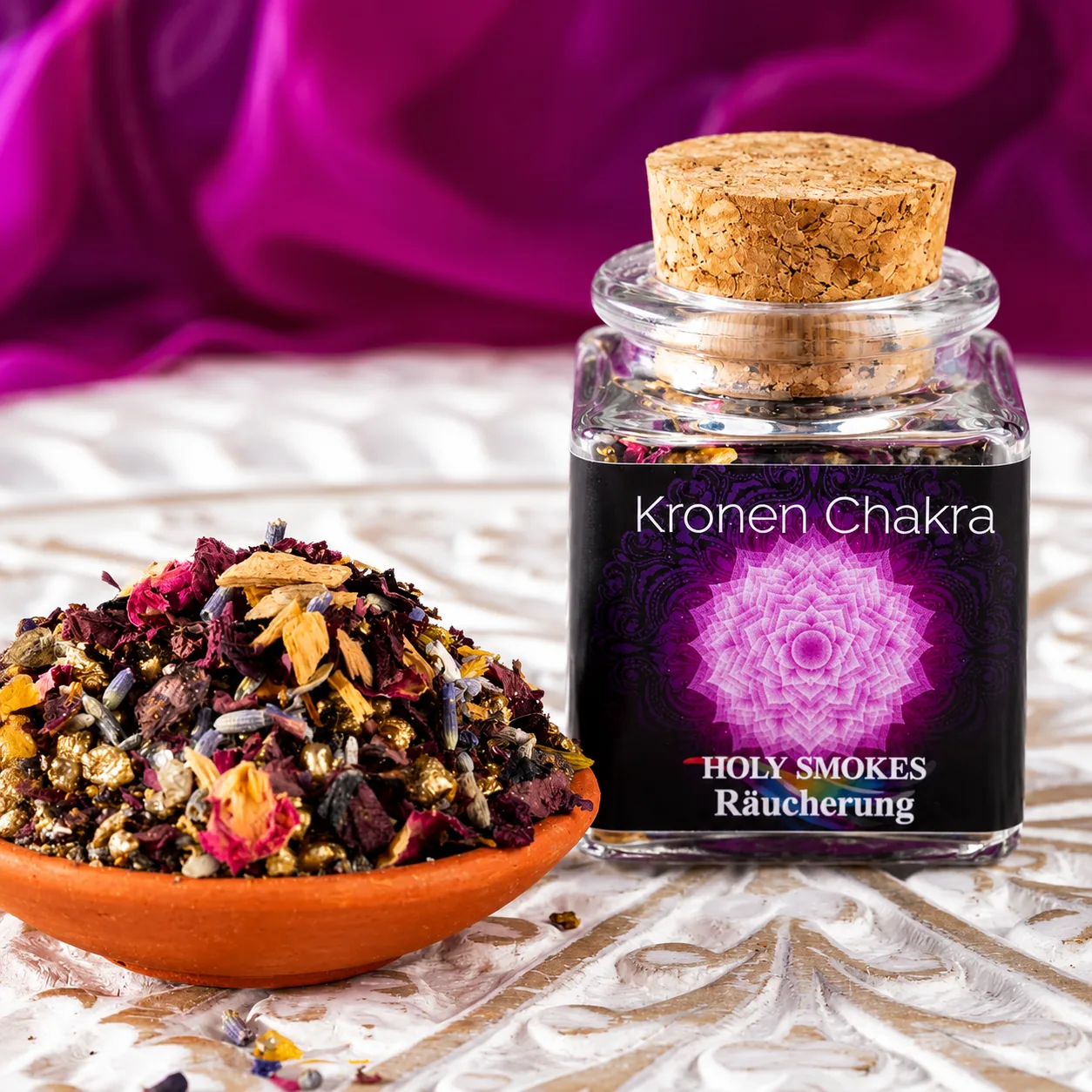 Berk Kronen Chakra Räucherung Holy Smokes mit naturreinen Kräutern und Harzen im Glas