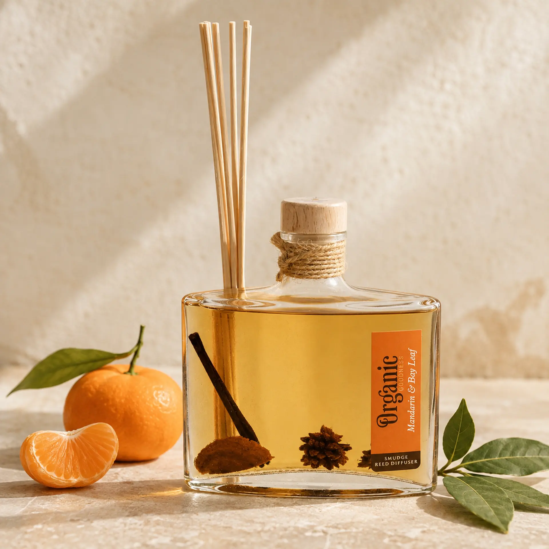 Organic Goodness Reed Diffuser Mandarin & Bay Leaf mit Mandarinen und Lorbeerblättern auf hellem Travertin.