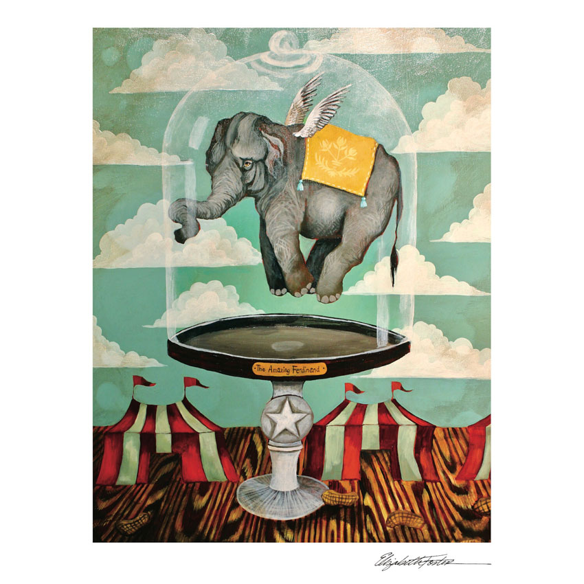Art Print „The Amazing Ferdinand“ von Elizabeth Foster – märchenhafte Elefantenszene unter Glasglocke, hochwertiger Kunstdruck