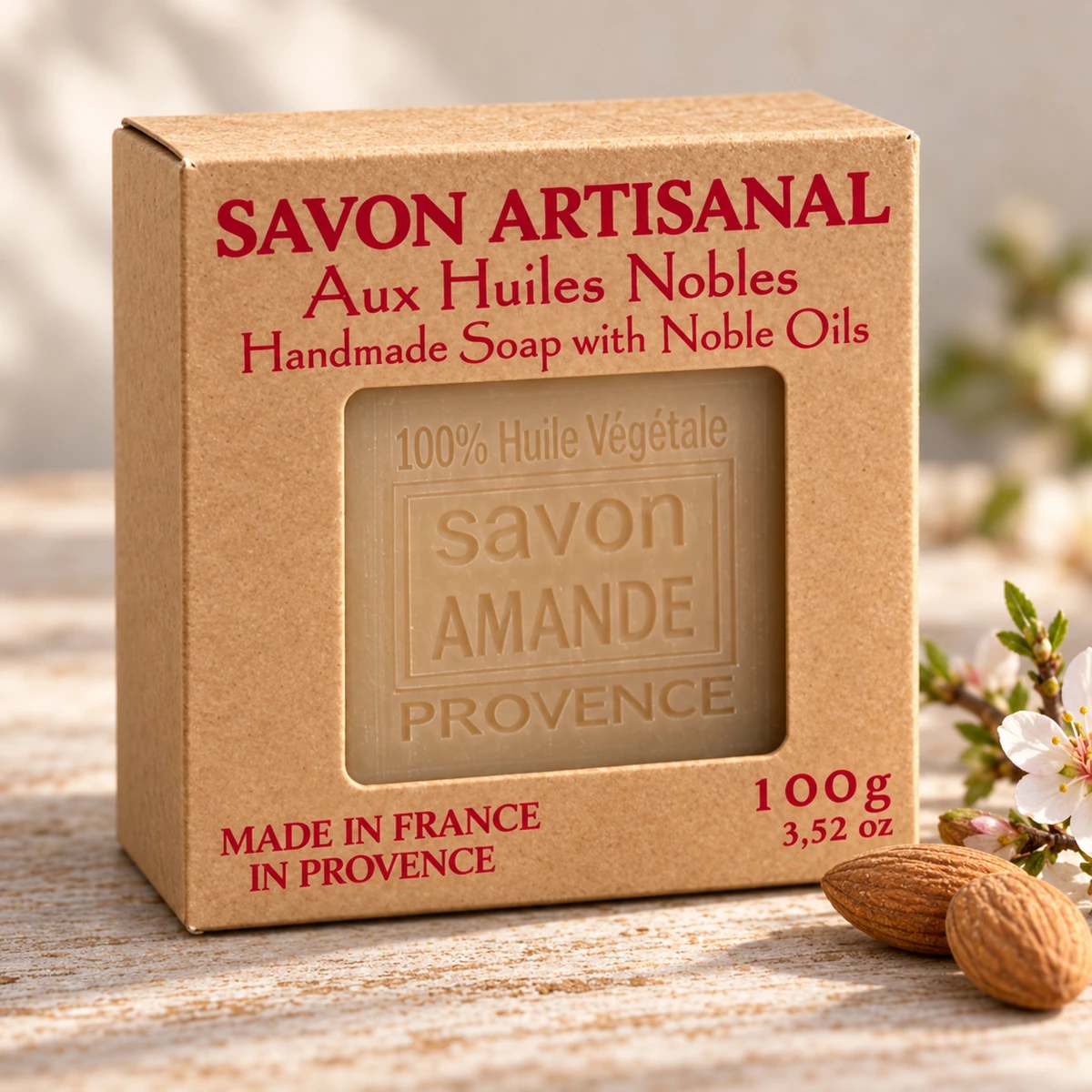 Maître Savonitto Seife Mandel in vollständig sichtbarer Kraftkartonverpackung mit Sichtfenster, neben Mandelblüten und Mandeln auf hellem Holz.