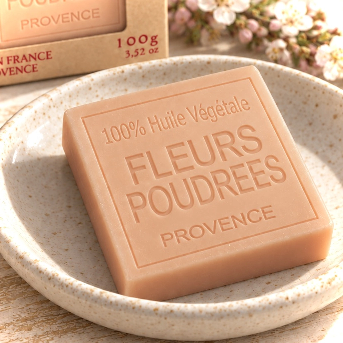 Maître Savonitto Seife Fleurs Poudrées auf einem hellen Keramikteller, mit Kartonverpackung dahinter und hellen Blütenzweigen.