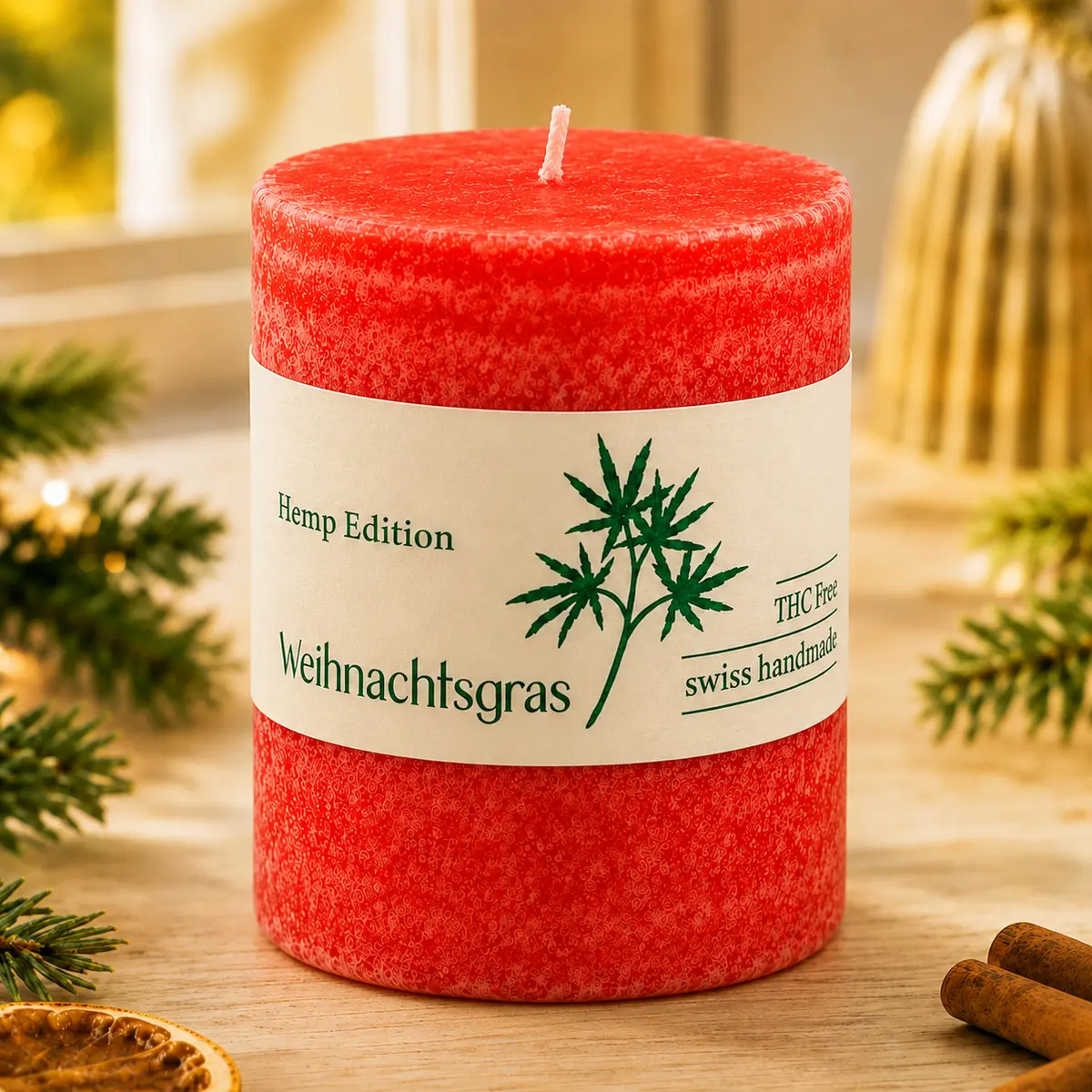 Rote Schulthess Duftkerze Weihnachtsgras aus der Hemp Edition in weihnachtlicher Atmosphäre