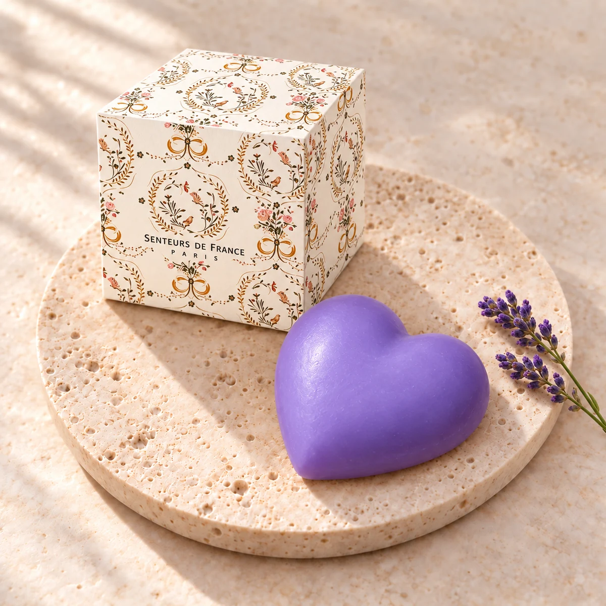 Violette Lavendel-Herzseife von Senteurs de France auf einem Travertinteller mit floral gestalteter Würfelschachtel und Lavendelzweigen.