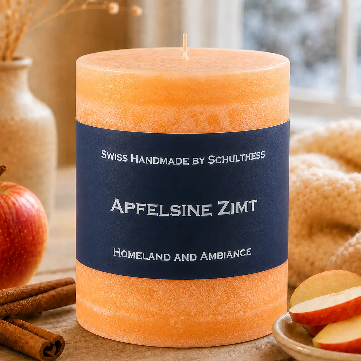 Schulthess Duftkerze Apfelsine Zimt in heller winterlicher Atmosphäre