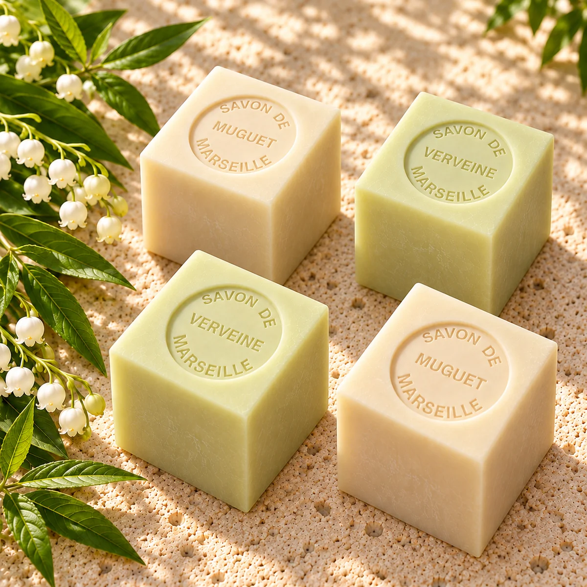 Je zwei Würfelseifen Muguet und Verveine von Senteurs de France, frei auf hellem Travertin mit Maiglöckchen und Verbene arrangiert.