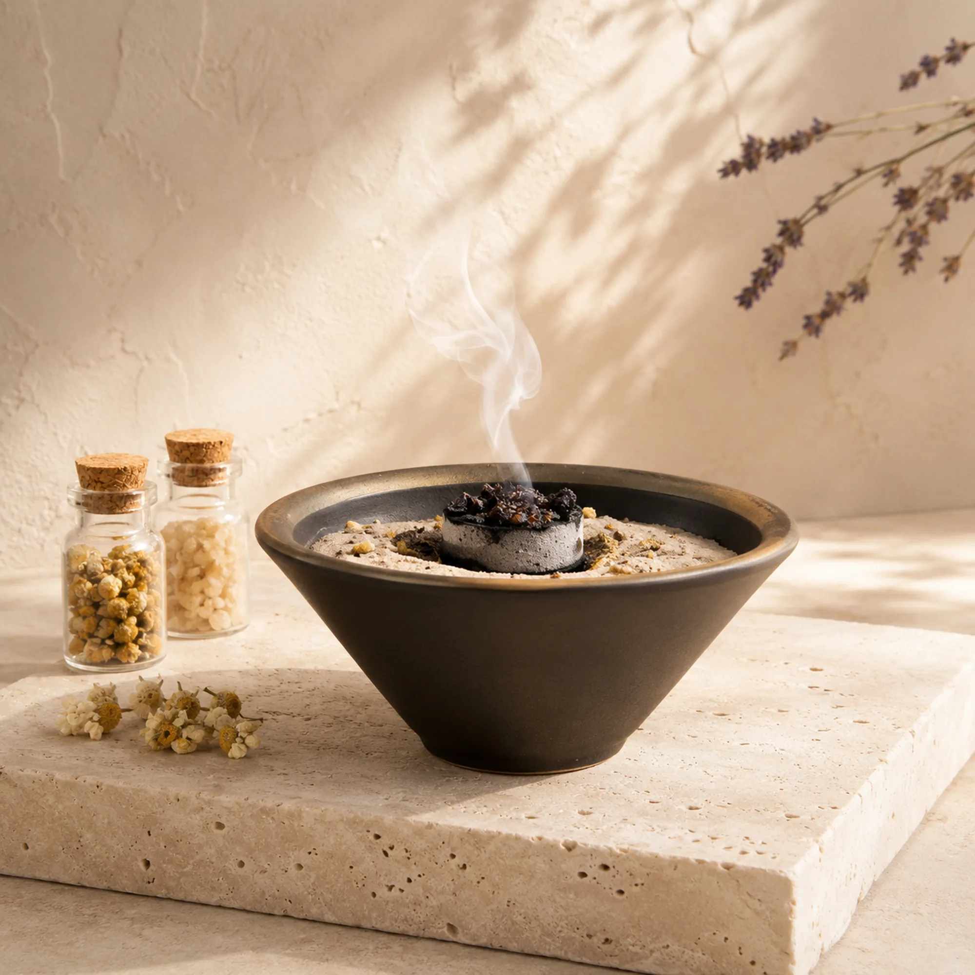 Dunkle Berk Räucherschale für eine Schlafräucherung mit Räucherkohle, Kamille und Lavendel auf hellem Naturstein