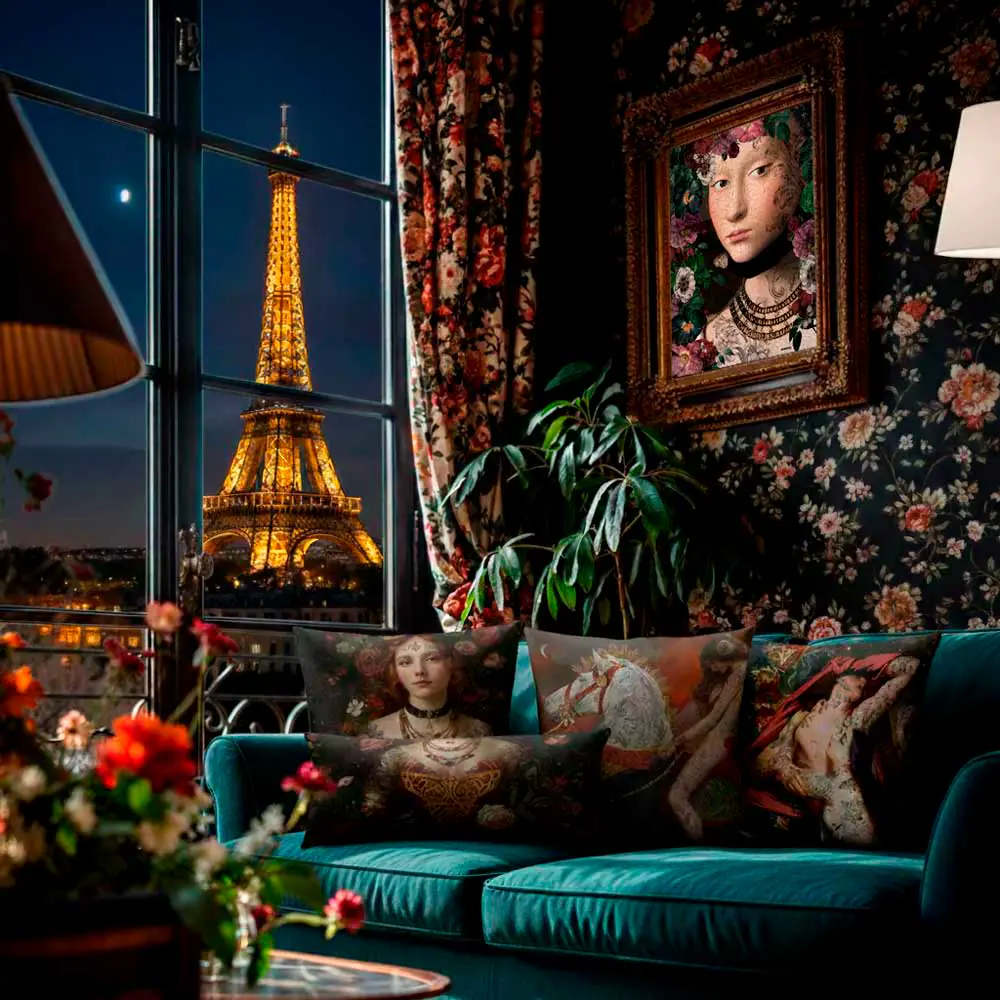 Elegantes Interior mit Voglio Bene Designkissen vor beleuchtetem Eiffelturm – kunstvolle Samtkissen in luxuriöser Pariser Wohnatmosphäre.