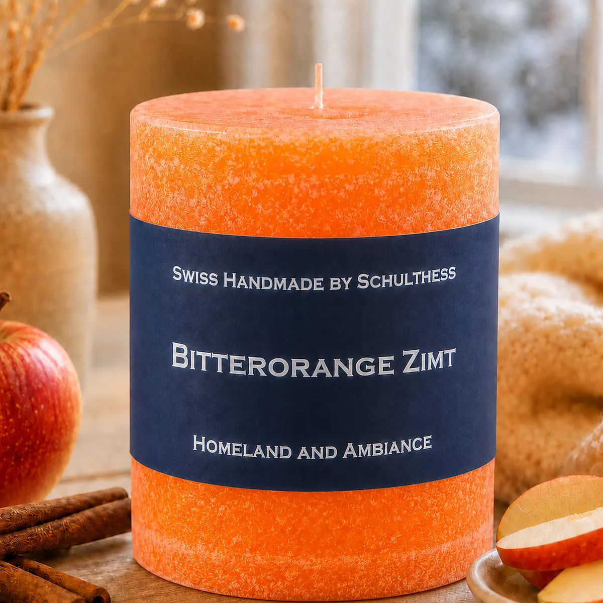 Schulthess Duftkerze Bitterorange Zimt in heller winterlicher Atmosphäre