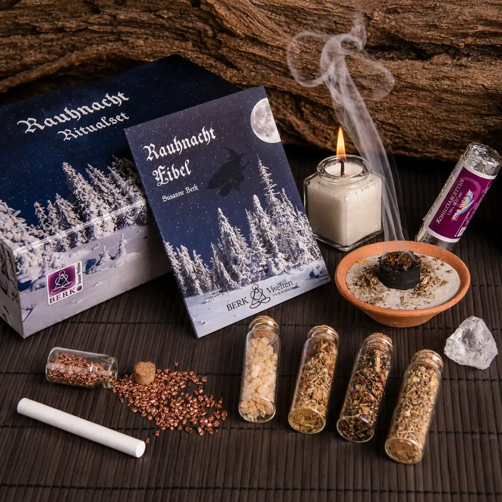 Berk Rauhnacht-Ritualset mit Rauhnacht-Fibel, Räuchermischungen, Kerze, Räucherkohle und Bergkristall