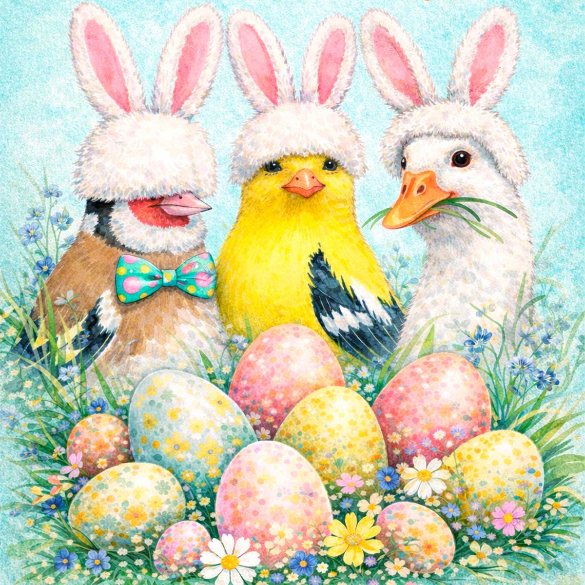 Osterillustration mit Hasenohren, Ostereiern und Frühlingsblumen, niedliche Tiere in Pastellfarben, Osterdeko Motiv für Ostern, Frühling Illustration