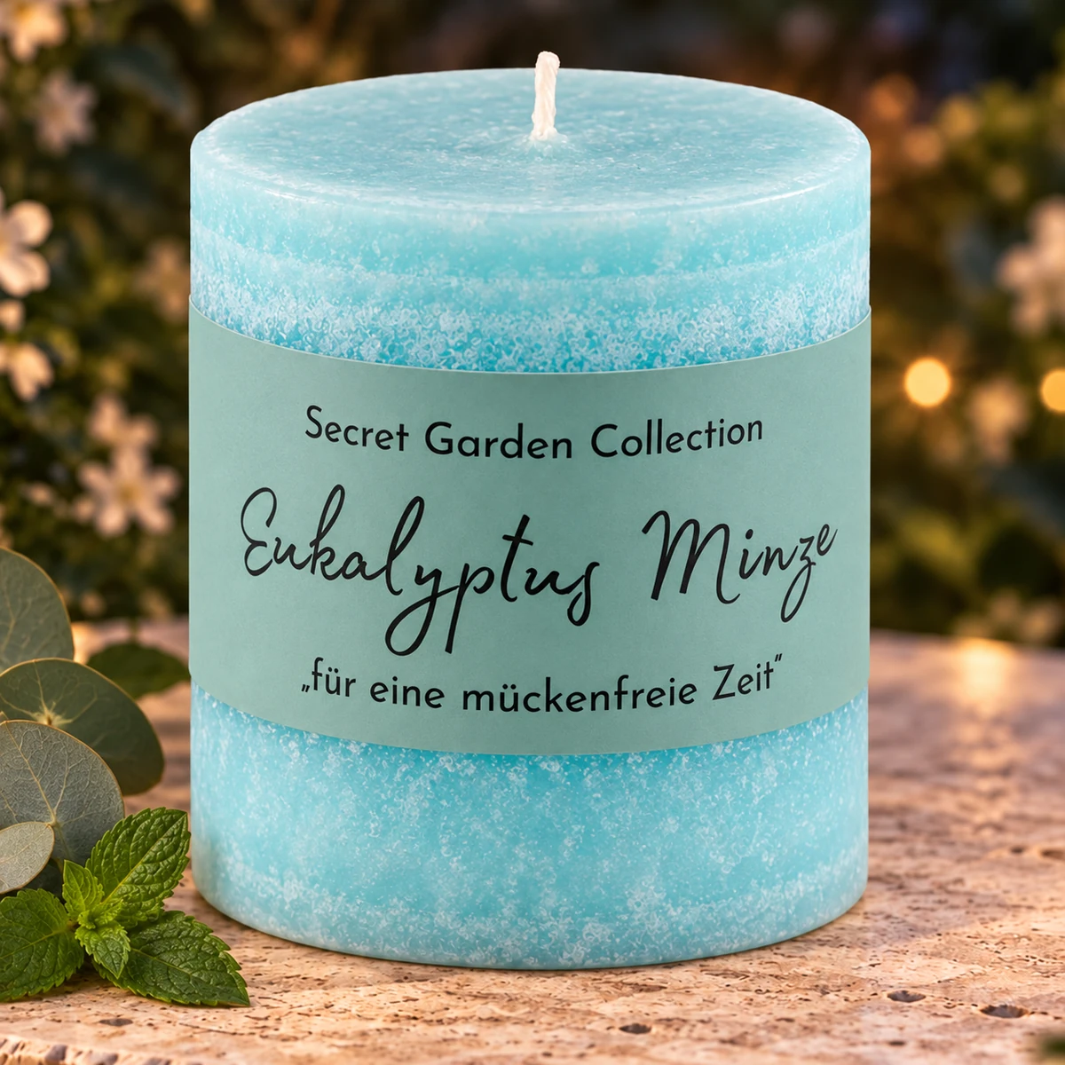 Schulthess Secret Garden Duftkerze Eukalyptus Minze mit frischen grünen Blättern